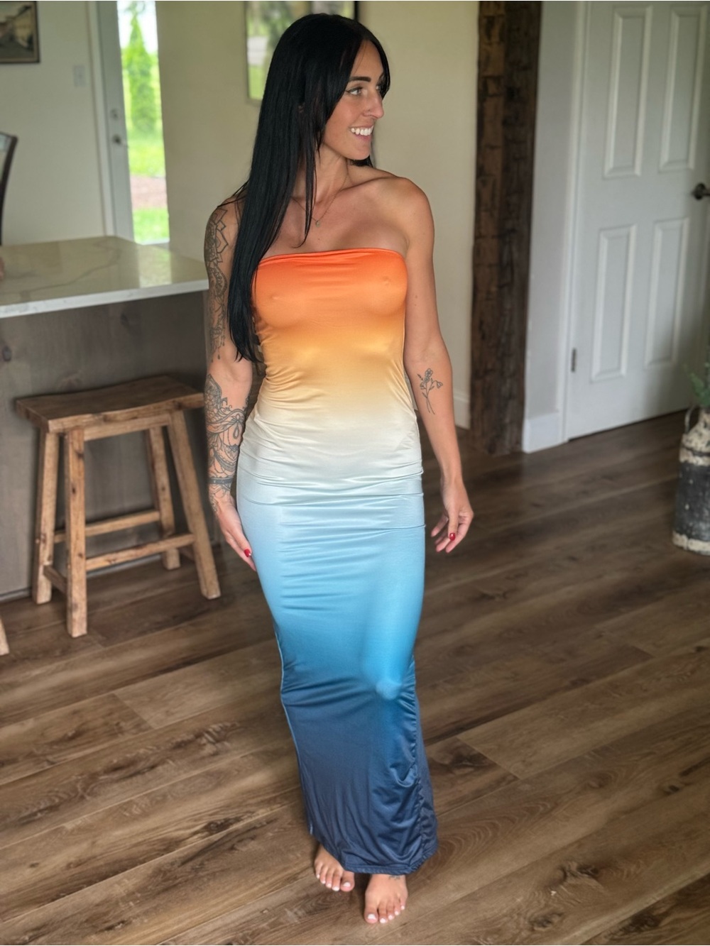 Strapless Ombre Maxi Dress - Orange to Blue